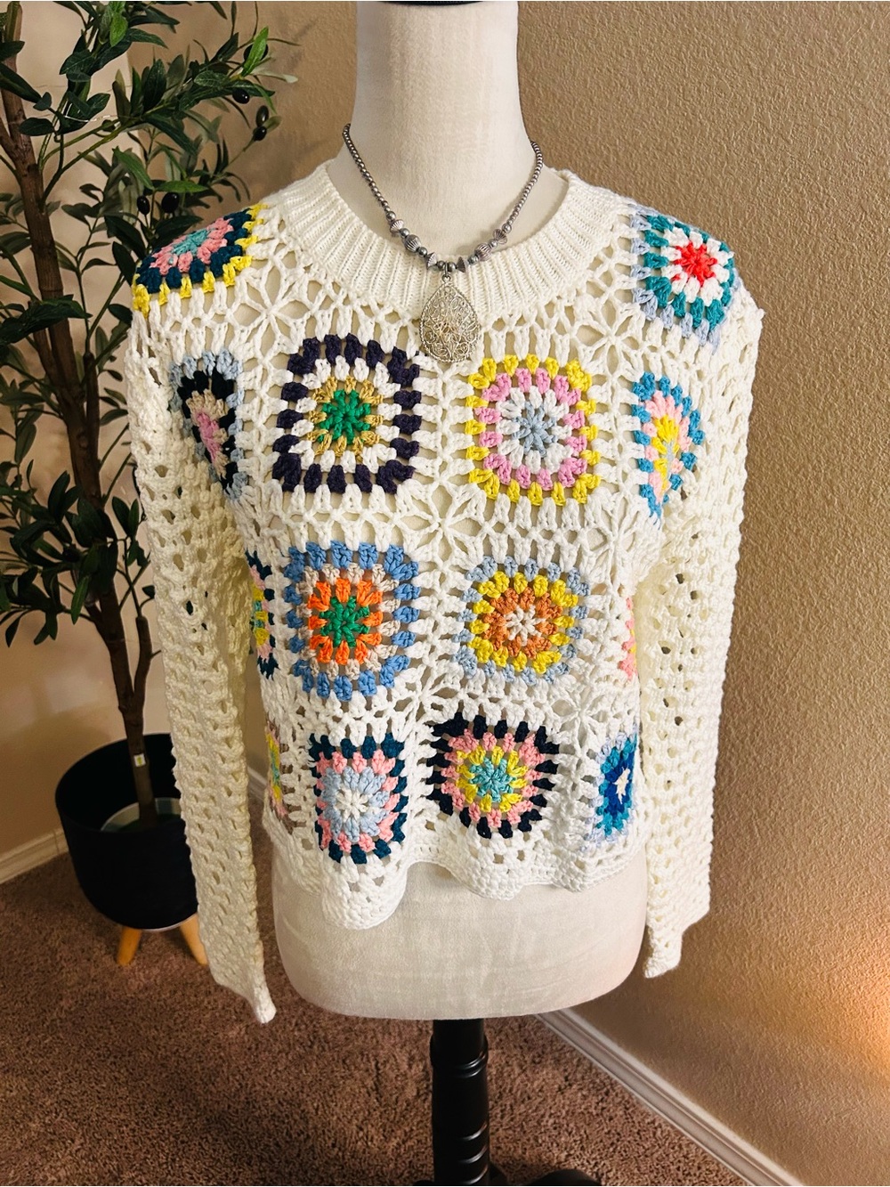 Debut Sweater Crochet Open Knit Grannycore Crew Cropped Boho Size Medium